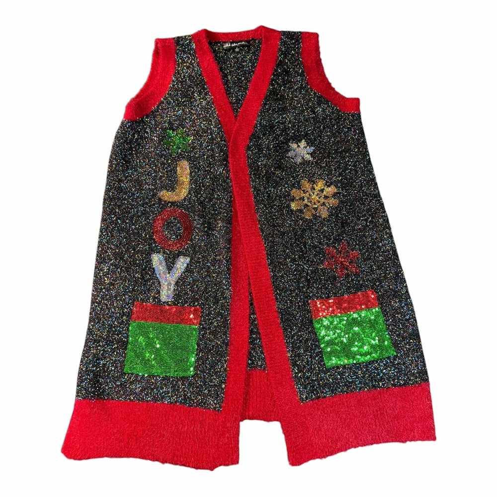 Christmas Sweater Ugly Festive Cardigan Tinsel Knit Vest L Grandmacore Xmas - Picture 10 of 10